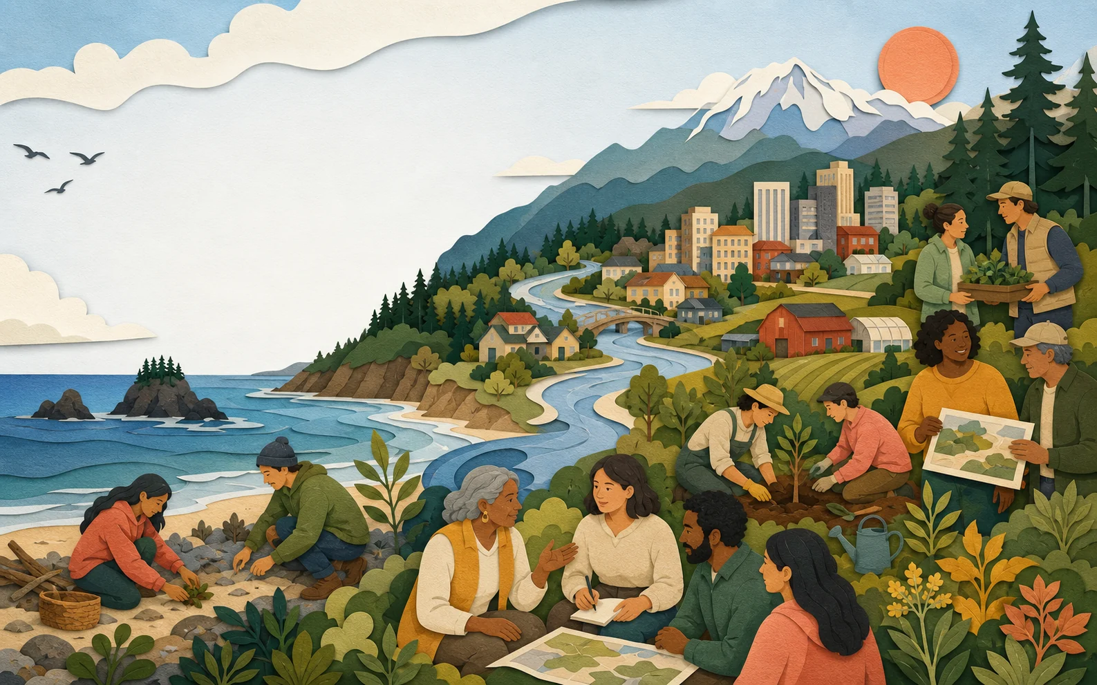 Paper-cut illustration of people working together across a Pacific Northwest landscape of coast, rivers, farms, towns, forests, and mountains.