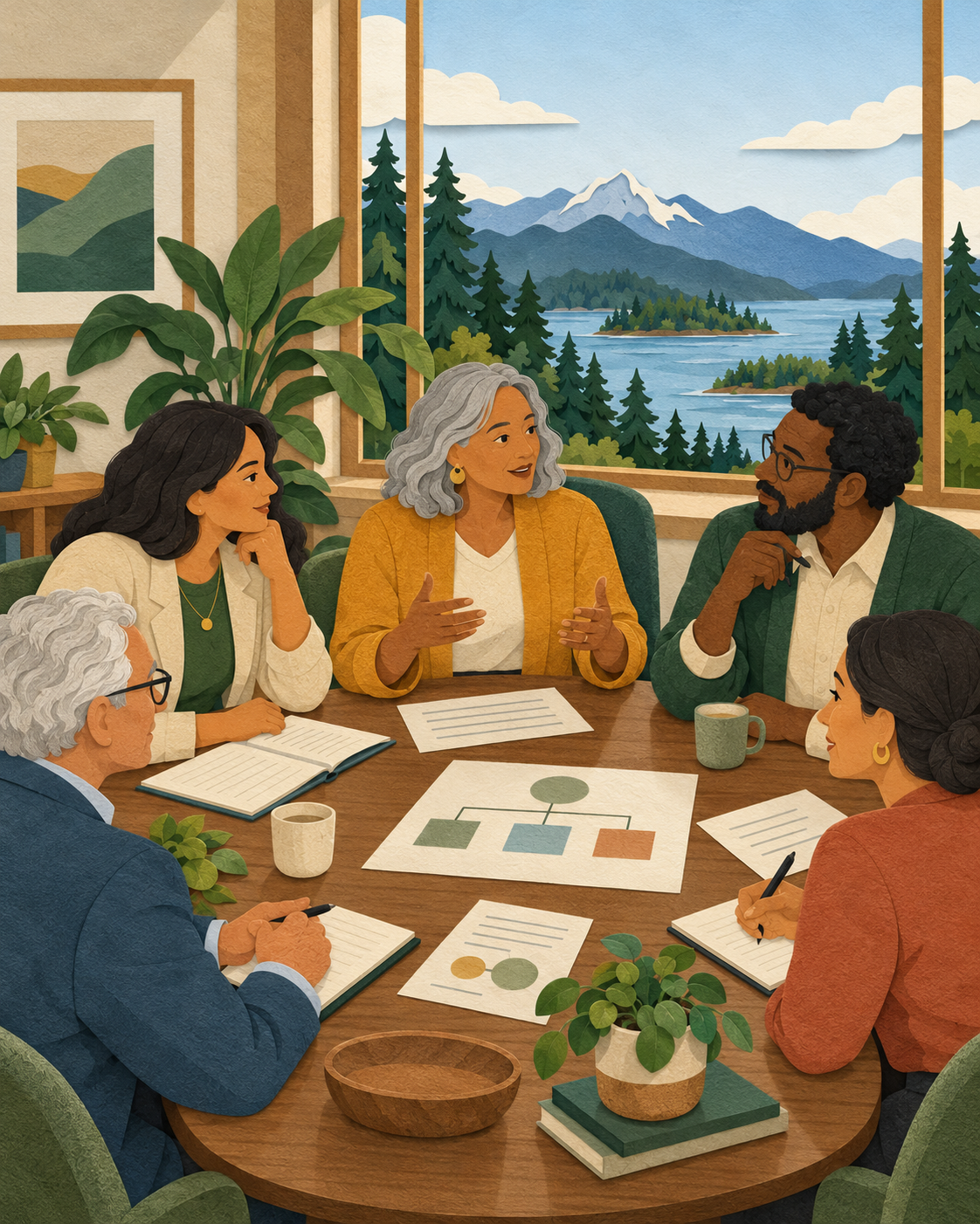 Layered paper illustration of nonprofit board members and a volunteer adviser discussing organizational decisions.